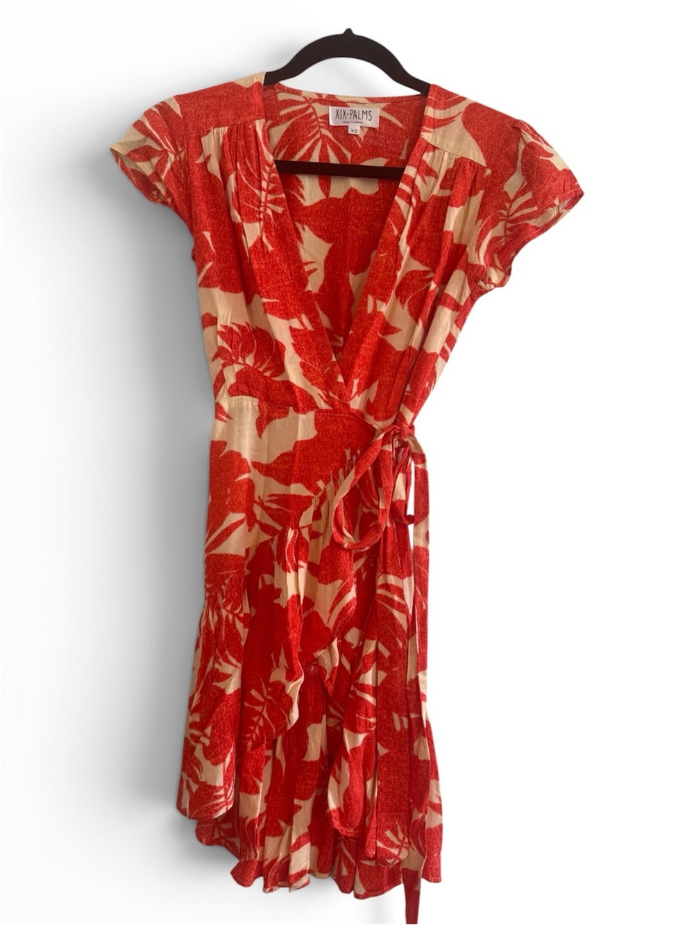 XIX Palms Red Floral Wrap Dress with Cream Background